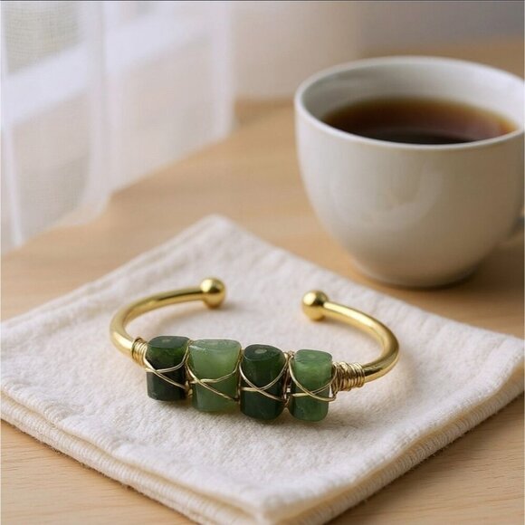 Jade ✦ 4‑Stone Wire Wrap Wisdom Cuff ✦ 14Kt Gold Over Copper Adjustable Talisman - Picture 3 of 13